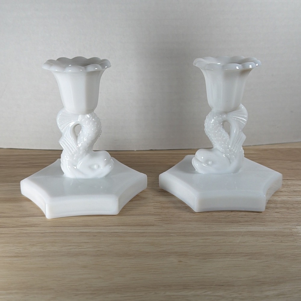 Vintage Westmoreland Milk Glass Koi Fish Dolphin 4" Candlestick Holders
